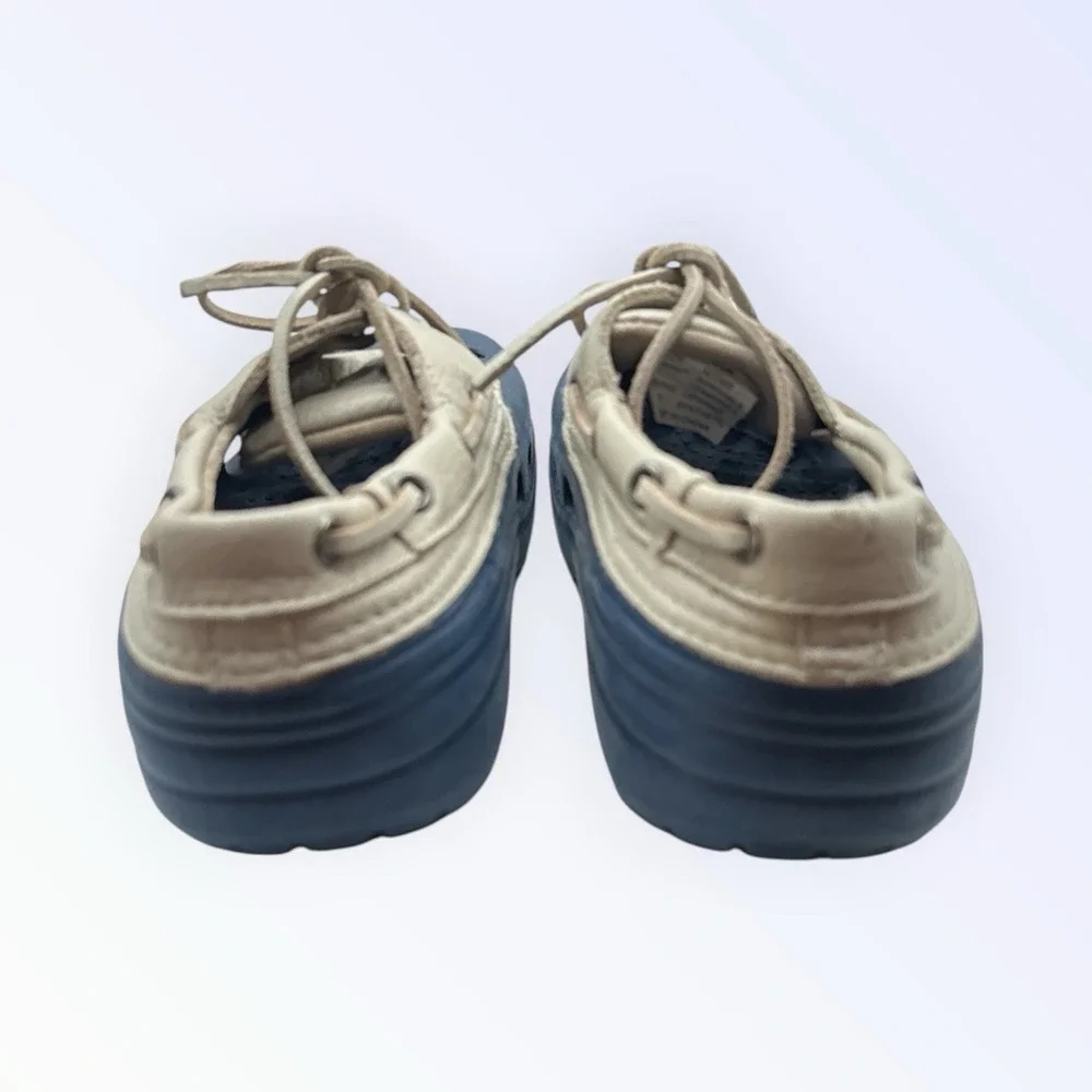 Crocs Islander Pitcrew Womens Size 9 Boat Shoes Navy Blue White Leather Lined